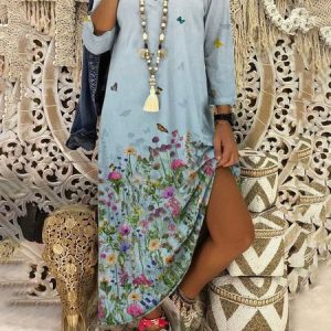 Romantic Floral-Print Holiday Long Sleeve Knitting Dress, Maxi, color:Blue|size:3XL, Noracora