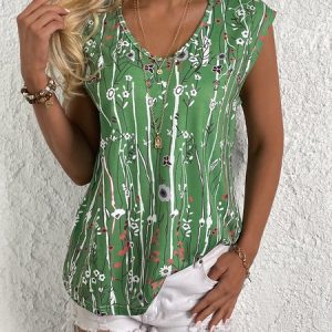 V Neck Floral Casual Printing Tank Top, T-shirts, color:Green|size:XXL, Noracora