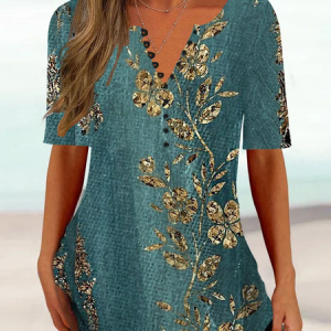 Casual Notched Loose Abstract Shirt, Blouses, color:Blue|size:XXL, Noracora