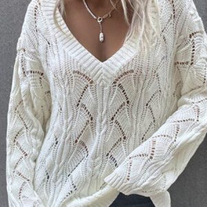 Loose Casual Yarn/Wool Yarn Tunic Sweater, Sweaters, color:White|size:XXL, Noracora