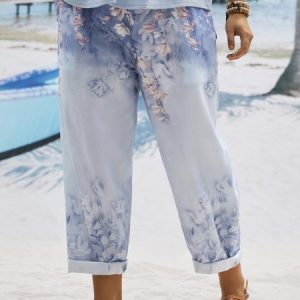 Plus Size Floral Casual Casual Pants, BOTTOM, color:Blue|size:4X, Noracora