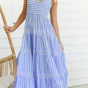 Regular Fit Casual Striped Dress, Maxi, color:Blue|size:L, Noracora