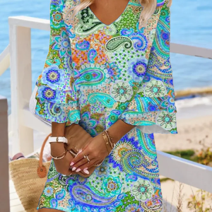 Women Tribal Boho V Neck Loose Short Tunic Short Dress, Short, color:Blue|size:XS, catalog Noracora shop