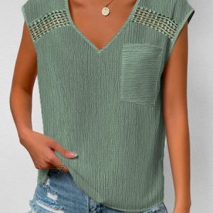 Casual Lace Edge Loose V Neck Shirt, Tank Tops & Camis, Roselinlin - Online Catalog