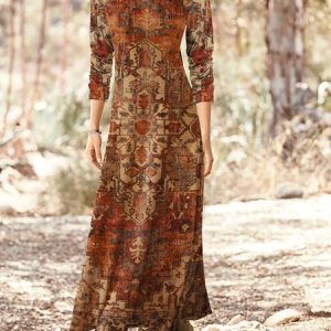 Jersey Ethnic Printed Crew Neck Long Dress, Maxi, color:Brown|size:XXL, Noracora