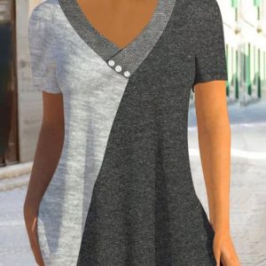 Buckle Jersey Casual Color Block Shirt, Blouses, color:Multicolor|size:XXL, Noracora
