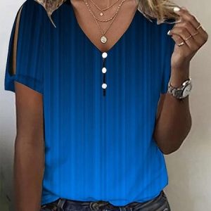 Ombre Loose Short Sleeve Casual Shirt, Blouses, color:Blue|size:XXL, Noracora