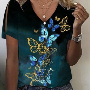 Butterfly V Neck Loose Casual Shirt, Blouses, color:Color4|size:4XL, Noracora