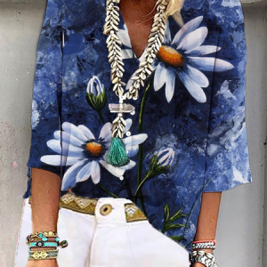 Boho Floral-Print 3/4 Sleeve Blouse, Shirts, color:As Picture|size:3XL, Noracora