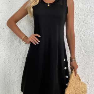 Casual Plain Lace Buttoned Crew Neck Dress, Short, color:Black|size:XXL, Noracora