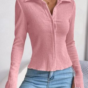 Casual Plain Shirt Collar Loose Blouse, Shirts, color:Pink|size:3XL, Noracora