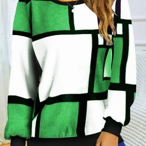 Crew Neck Loose Geometric Casual Sweatshirt, Hoodies & Sweatshirts, color:Green|size:XXL, Noracora