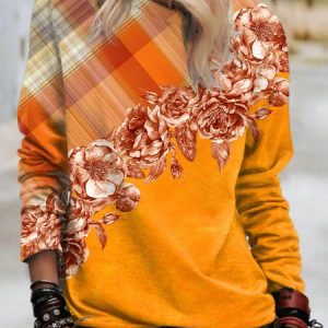 Crew Neck Casual Plaid And Floral Sweatshirt, Hoodies & Sweatshirts, color:Yellow|size:XXL, Noracora