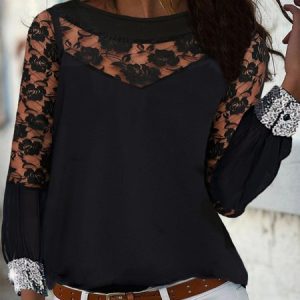 Long Sleeve Crew Neck Plain Party Top, Tops, color:Black|size:XXL, Noracora
