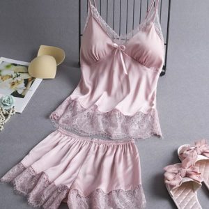 Casual Lace Plain Loose Pajama Set, Pajamas, color:Pink|size:3XL, Noracora