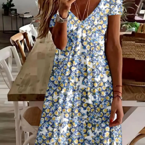 Women's Regular Fit Floral Casual V Neck Dress, Short, color:Blue|size:XXL, Noracora