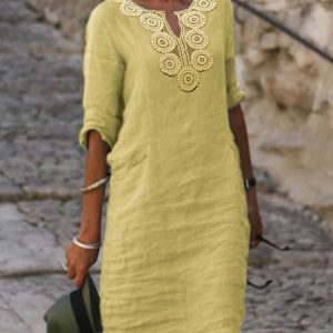 Casual Lace Loose Notched Dress, Short, color:Yellow|size:XXL, Noracora