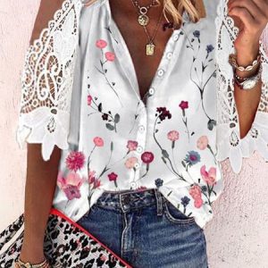 Floral 3/4 Sleeve Cotton Blouse, Shirts, color:White|size:3XL, Noracora