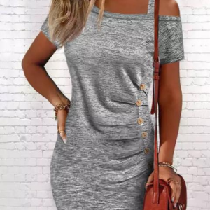 Plain Casual One Shoulder Dress, Short, color:Light Gray|size:XXL, Noracora