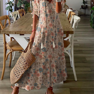 Casual Floral Half Sleeve Dress, Maxi, color:Multicolor|size:XXL, Noracora