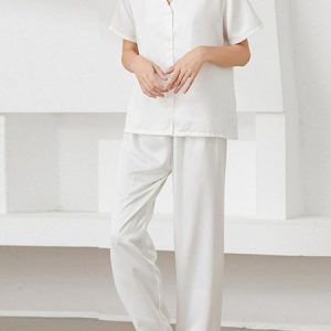 Plain Casual Pajama Set, Pajamas, color:White|size:XL, Noracora