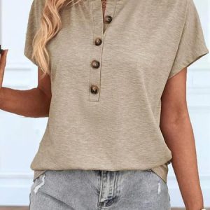 Plus Size Casual Loose Half Open Collar T-Shirt, TOPS, color:Khaki|size:4X, Noracora