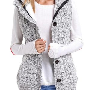 Women Casual Grey Knit Hooded Sweater Vest, Vest, color:Gray|size:XXL, Noracora