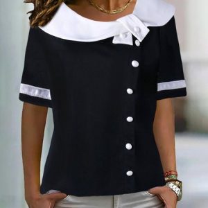 Color Block Short Sleeve Buckle Shawl Collar Casual Shirt, Blouses, color:Black-white|size:XXL, Noracora