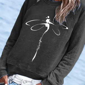 Long Sleeve Dragonfly Printed Sweatshirt, Hoodies & Sweatshirts, color:Black|size:3XL, Noracora