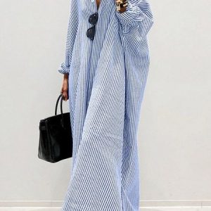 Polyester Cotton Shirt Collar Casual Striped Nightdress, Pajamas, color:Blue|size:5XL, Noracora