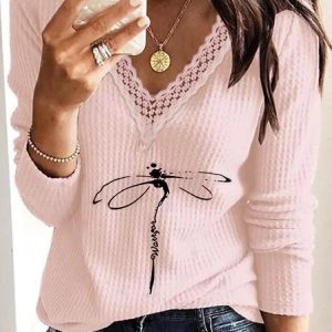 Vintage Dragonfly Printed Long Sleeve Lace V Neck Casual Tops, Blouses, color:Pink|size:3XL, Noracora