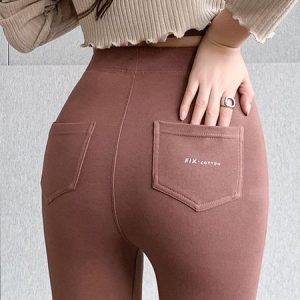 Plain Tight Casual Leggings, Leggings, color:Coffee|size:L, Noracora