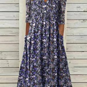 Casual Short Sleeve Woven V Neck Floral Midi Dress, Midi, color:Purple|size:XS, catalog Noracora shop