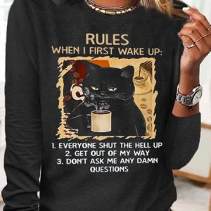Women Black Cat Rules Cotton-Blend Simple Long Sleeve Top, T-shirts, color:Black|size:XXL, Noracora