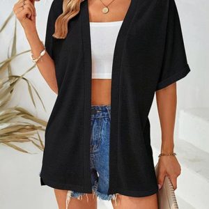 Casual Jersey Plain Wrap Kimono, Kimono, color:Black|size:L, Noracora