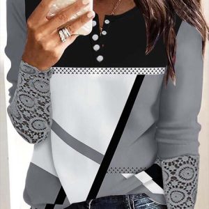 Color Block Casual V Neck T-Shirt, Blouses, color:Gray|size:XXL, Noracora