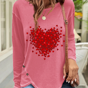Casual Buttoned Heart T-Shirt, T-shirts, color:Pink|size:XXL, Noracora
