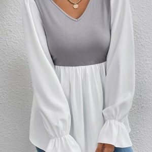 Loose V Neck Casual Plain Tunic Top, Blouses, color:Gray|size:XXL, Noracora