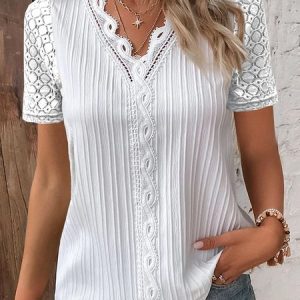 V Neck Plain Patchwork Lace Elegant Blouses, Blouses, color:White|size:XXL, Noracora
