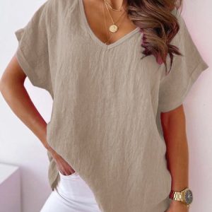 Casual Cotton-Blend Short Sleeve Top, Blouses, color:Khaki|size:XXL, Noracora