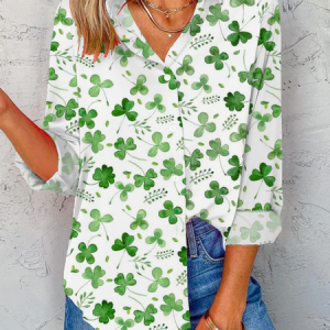 St. Patrick's Day Shirt Collar Casual Four-Leaf Clover Loose Buttoned Blouse, Shirts, color:White-green|size:XXL, Noracora