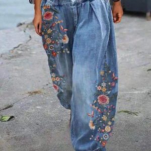 Floral-Print Casual Shift Jeans, Denim&Jeans, color:Blue|size:XXL, Noracora