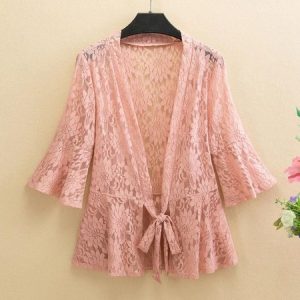 Lace Casual Floral Kimono, Kimono, color:Pink|size:5XL, Noracora