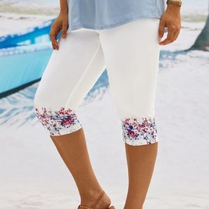 Plus Size Floral Casual Skinny Shorts, BOTTOM, color:White|size:4X, Noracora