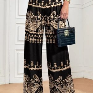 Casual Ethnic Print High Waist Wide Leg Baggy Long Pant, Pants, color:Black|size:XS, Noracora