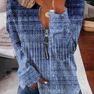 Ethnic Long Sleeve Zipper V Neck Casual Tunic Sweatshirt, Hoodies & Sweatshirts, color:Blue|size:XXL, Noracora