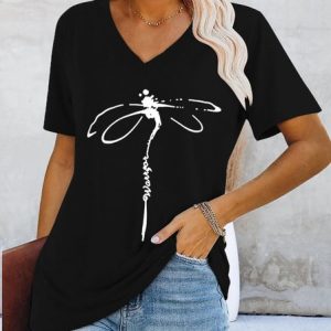 Loose Dragonfly Casual T-Shirt, T-shirts, color:Black|size:3XL, Noracora