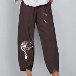 Casual Flower Print Baggy Cropped Pant, Pants, color:Coffee|size:3XL, Noracora