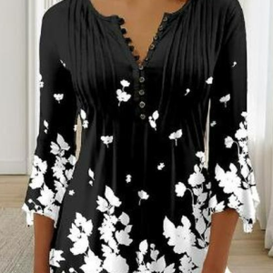 Floral Casual V Neck Shirt, Blouses, color:Black|size:XXL, Noracora