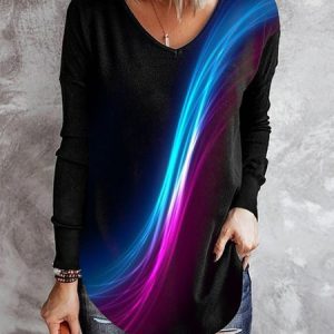 Women Casual Abstract Autumn V neck Micro-Elasticity Daily Loose Mid-long H-Line Tunic T-Shirt, T-shirts, color:Black|size:XXL, Noracora